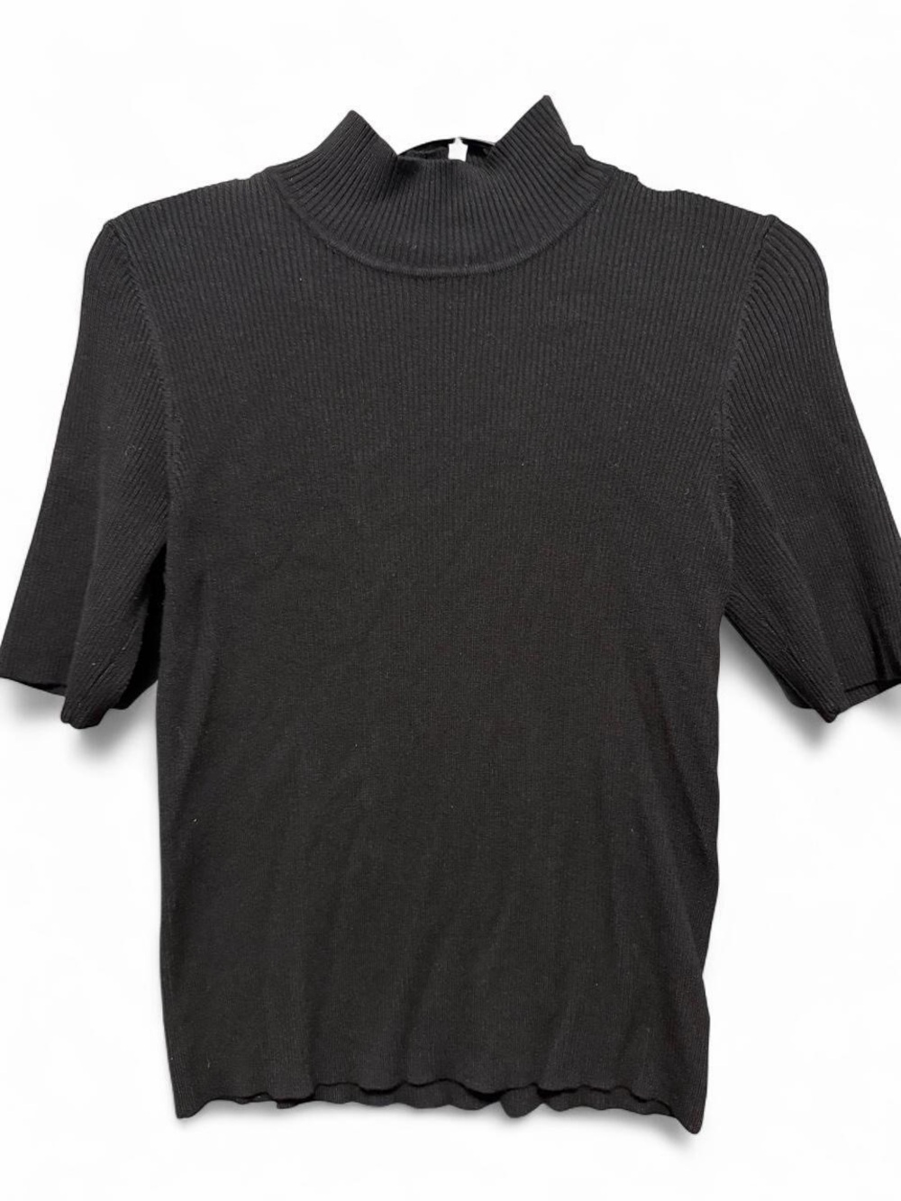 Ellen Tracy Black Ribbed Mock Neck Short Sleeve Sweater Top